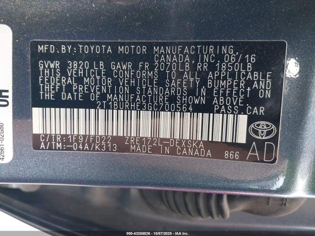 Toyota 2zr-fe 2016 2T1BURHE3GC700564 Image 9