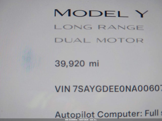 Auction sale of the 2022 Tesla Model Y Long Range Dual Motor All-wheel Drive, vin: 7SAYGDEE0NA006075, lot number: 43388845