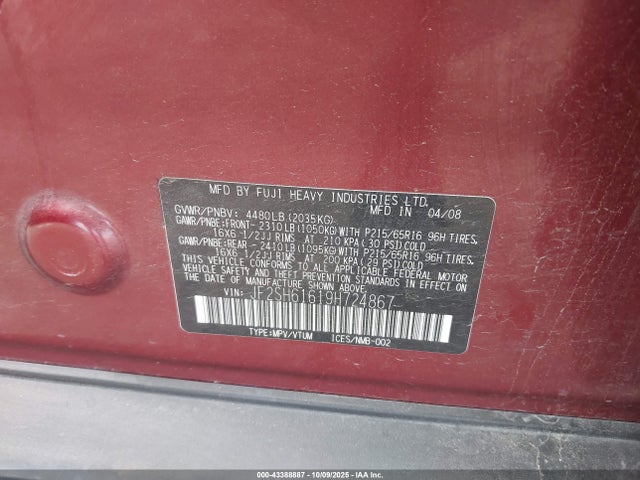 Продаж на аукціоні авто 2009 Subaru Forester 2.5x, vin: JF2SH61619H724867, номер лоту: 43388887