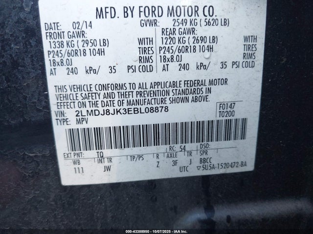 Lincoln MKX 2014 2LMDJ8JK3EBL08878 Image 9