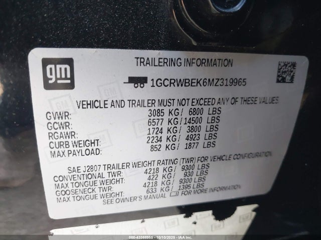 1GCRWBEK6MZ319965 Chevrolet Silverado 1500 2wd Standard Bed Custom