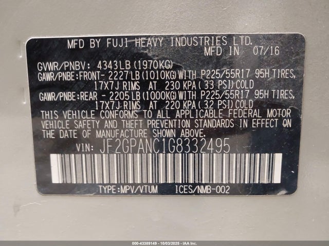 Subaru naturally aspirated 2016 JF2GPANC1G8332495 Image 9