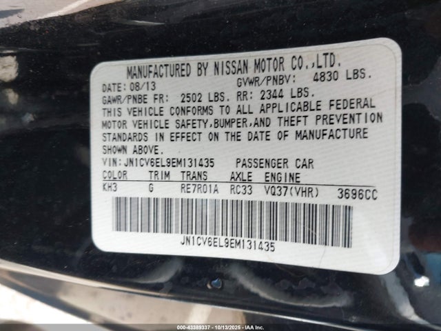 Aukcja sprzedaży 2014 Infiniti Q60, vin: JN1CV6EL9EM131435, numer aukcji: 43389337