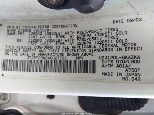 2004 LEXUS GX 470 JTJBT20X240027793 Photo 8