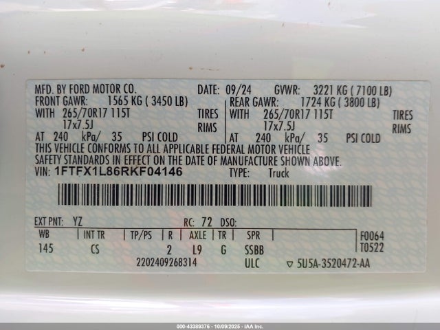 Aukcja sprzedaży 2024 Ford F-150 Xl, vin: 1FTFX1L86RKF04146, numer aukcji: 43389376