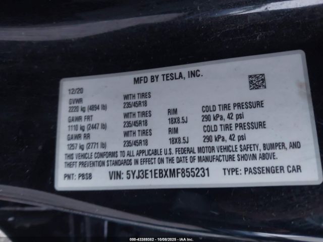 2021 TESLA MODEL 3 5YJ3E1EBXMF855231 Photo 8