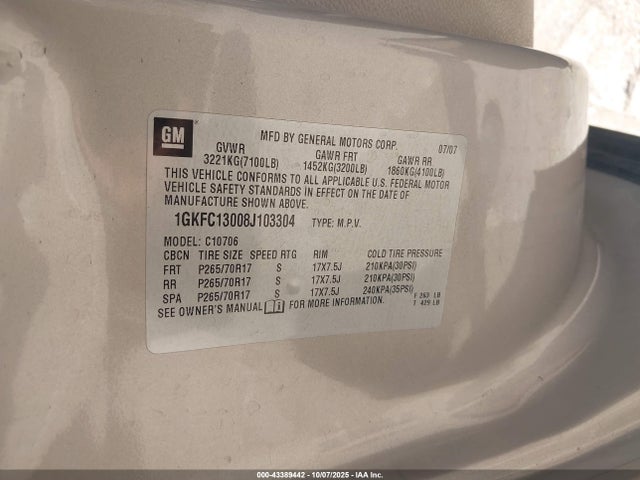 43389442 :رقم المزاد ، 1GKFC13008J103304 vin ، 2008 Gmc Yukon Sle مزاد بيع