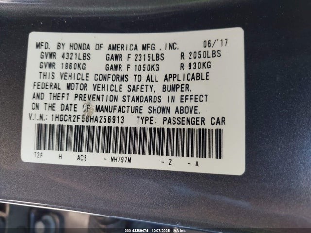 Honda k24w1 2017 1HGCR2F56HA256913 Image 9