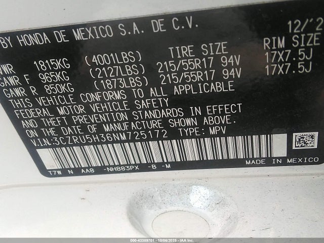 43389701 :رقم المزاد ، 3CZRU5H36NM725172 vin ، 2022 Honda Hr-v 2wd Lx مزاد بيع