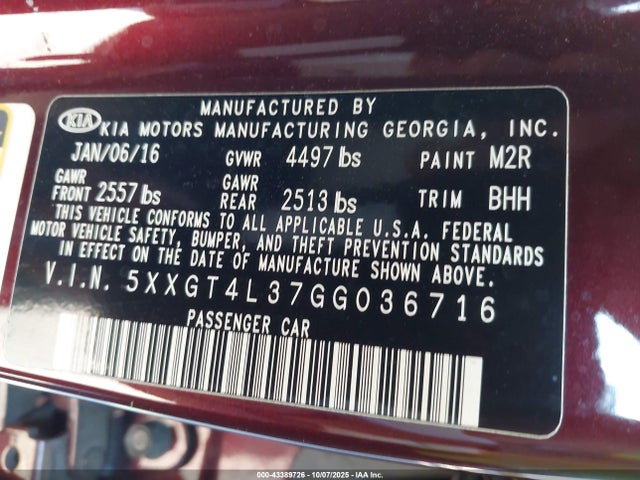 5XXGT4L37GG036716 KIA t-gdi theta ii