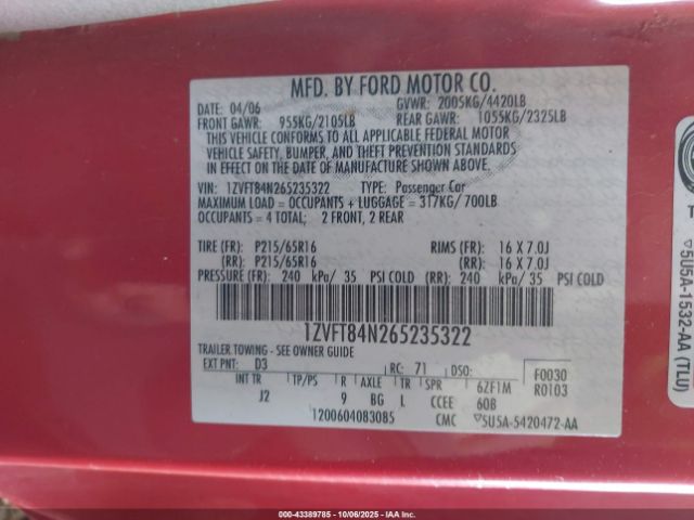 2006 FORD MUSTANG 1ZVFT84N265235322 Photo 8