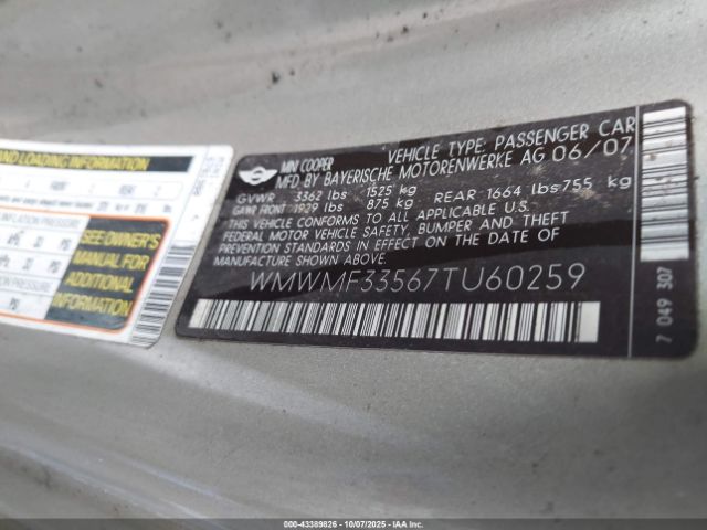 2007 MINI COOPER WMWMF33567TU60259 Photo 8