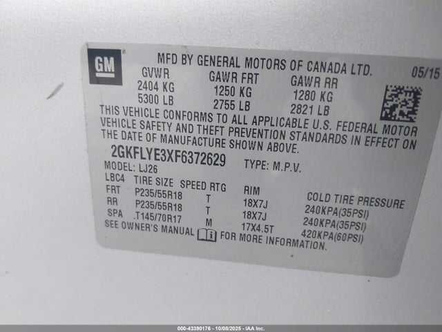 GMC lfx - sidi, vvt, e85 max, alum 2015 2GKFLYE3XF6372629 Image 9
