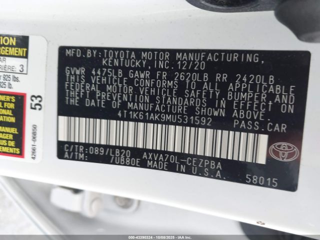 2021 TOYOTA CAMRY 4T1K61AK9MU531592 Photo 8