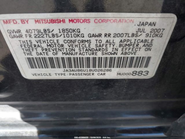 2008 MITSUBISHI LANCER JA3AU86U18U026286 Photo 8