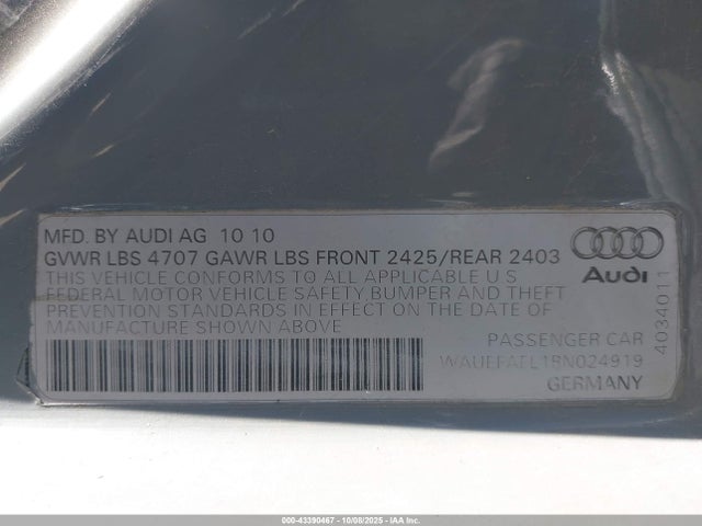2011 Audi A4 2.0t Premium მანქანა იყიდება აუქციონზე, vin: WAUEFAFL1BN024919, აუქციონის ნომერი: 43390467