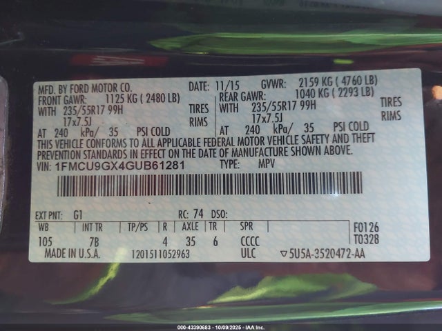 Ford 2016 2016 1FMCU9GX4GUB61281 Image 9
