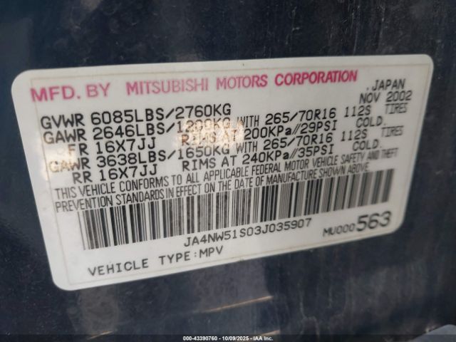 2003 MITSUBISHI MONTERO JA4NW51S03J035907 Photo 8