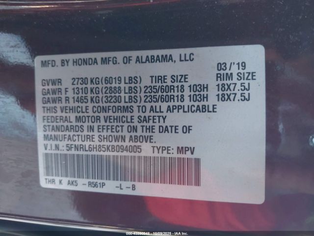 2019 HONDA ODYSSEY 5FNRL6H85KB094005 Photo 8