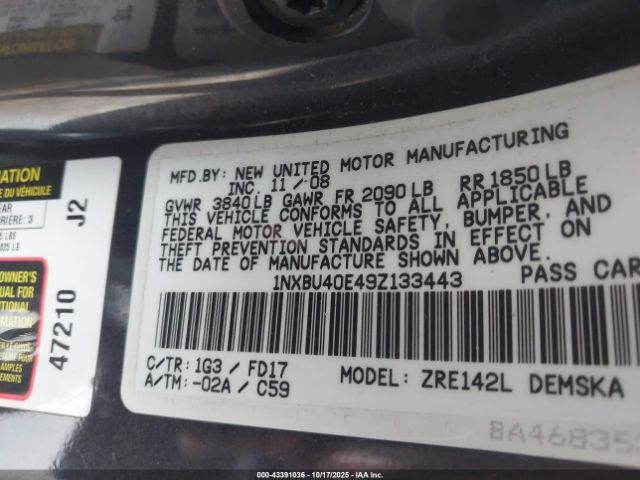 2009 TOYOTA COROLLA 1NXBU40E49Z133443 Photo 8