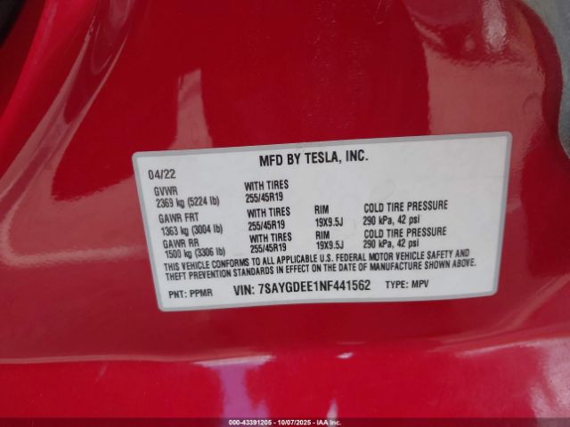 2022 TESLA MODEL Y 7SAYGDEE1NF441562 Photo 8