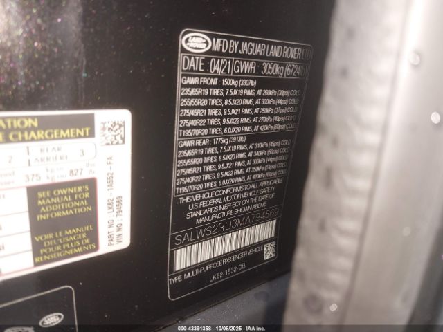 2021 LAND ROVER RANGE ROVER SPORT SALWS2RU3MA794569 Photo 8