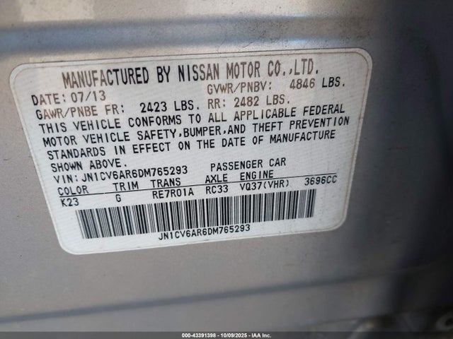 43391398 :رقم المزاد ، JN1CV6AR6DM765293 vin ، 2013 Infiniti G37x مزاد بيع