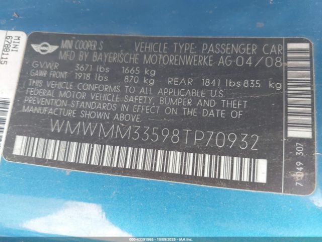 2008 MINI COOPER S CLUBMAN WMWMM33598TP70932 Photo 8