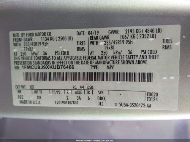 2019 FORD ESCAPE 1FMCU9J9XKUB76466 Photo 8