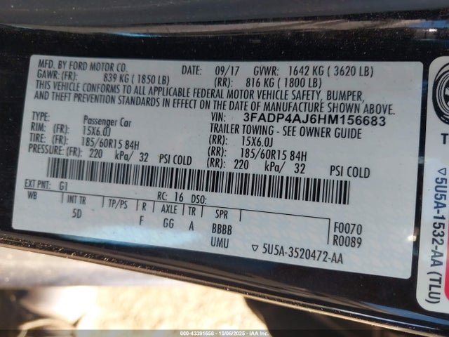 3FADP4AJ6HM156683 Ford 1.6l ti-vct premium fuel