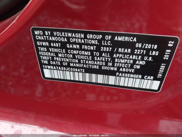 2018 VOLKSWAGEN PASSAT 1VWBA7A33JC038472 Photo 8