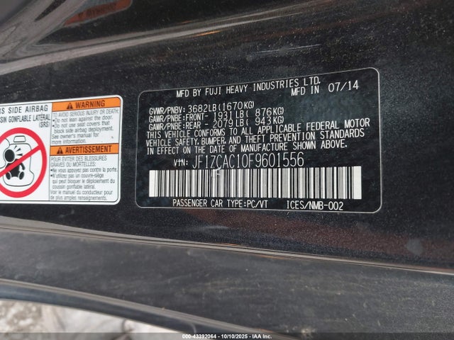 2015 Subaru Brz Limited მანქანა იყიდება აუქციონზე, vin: JF1ZCAC10F9601556, აუქციონის ნომერი: 43392064