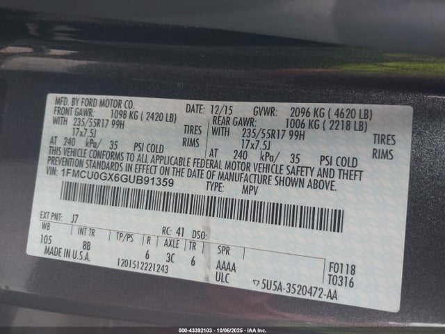 1FMCU0GX6GUB91359 Ford 2016