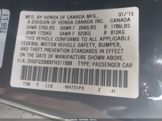 Продажа на аукционе авто 2015 Honda Civic Ex, vin: 2HGFG3B8XFH511988, номер лота: 43392265