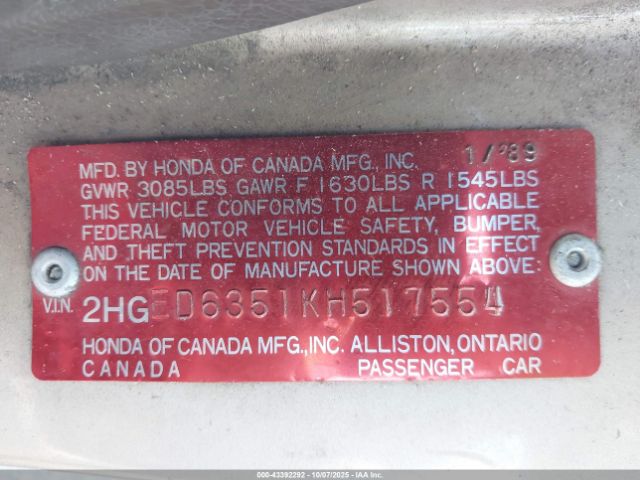 1989 HONDA CIVIC 2HGED6351KH517554 Photo 8