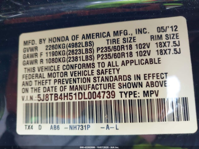 2013 Acura Rdx მანქანა იყიდება აუქციონზე, vin: 5J8TB4H51DL004739, აუქციონის ნომერი: 43392599
