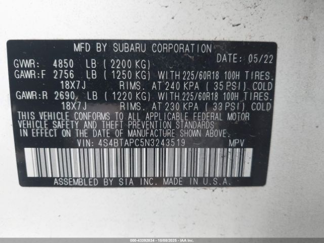 2022 SUBARU OUTBACK 4S4BTAPC5N3243519 Photo 8