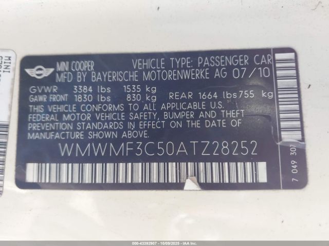 2010 MINI COOPER WMWMF3C50ATZ28252 Photo 8