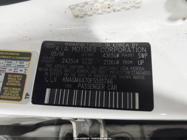 Aukcja sprzedaży 2015 Kia Optima Lx, vin: KNAGM4A70F5531746, numer aukcji: 43392918