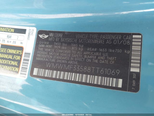 2008 MINI COOPER WMWMF33588TT61069 Photo 8