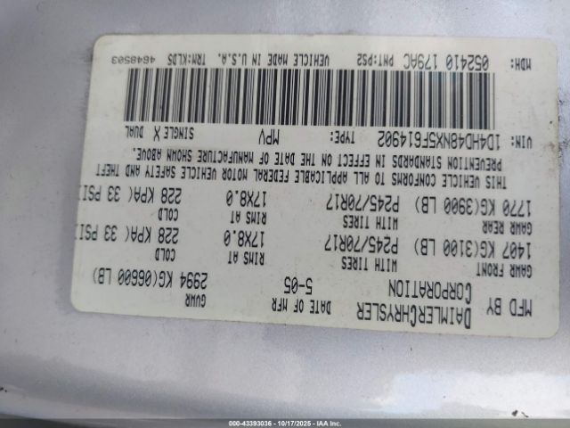 2005 DODGE DURANGO 1D4HD48NX5F614902 Photo 8