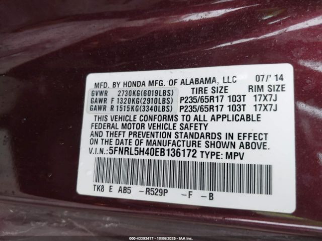 2014 HONDA ODYSSEY 5FNRL5H40EB136172 Photo 8