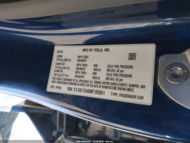 2022 TESLA MODEL 3 5YJ3E1EA8NF189351 Photo 8