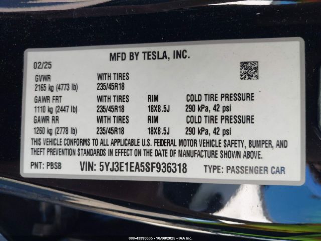 2025 TESLA MODEL 3 5YJ3E1EA5SF936318 Photo 8