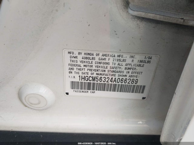 Aukcja sprzedaży 2004 Honda Accord 2.4 Lx, vin: 1HGCM56324A066289, numer aukcji: 43393620