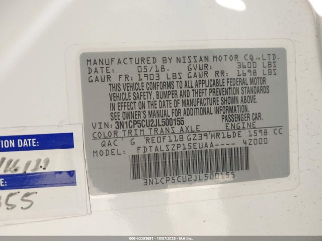 3N1CP5CU2JL500155 Nissan KICKS SV