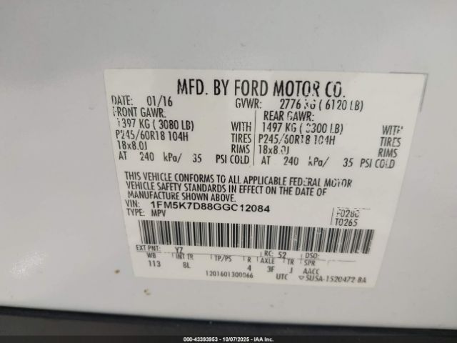 2016 FORD EXPLORER 1FM5K7D88GGC12084 Photo 8