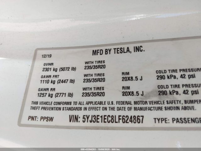 2020 TESLA MODEL 3 5YJ3E1EC8LF624867 Photo 8