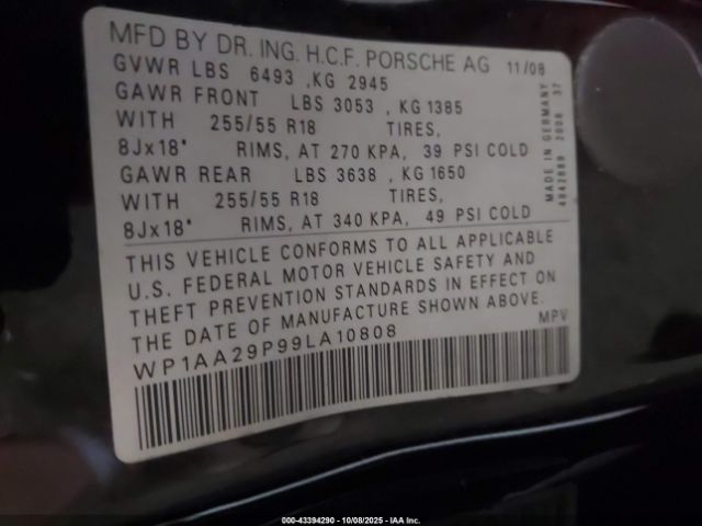 2009 PORSCHE CAYENNE WP1AA29P99LA10808 Photo 8