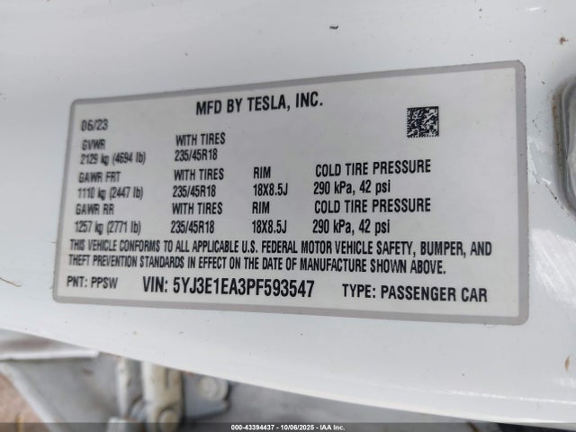 Продаж на аукціоні авто 2023 Tesla Model 3 Rear-wheel Drive, vin: 5YJ3E1EA3PF593547, номер лоту: 43394437